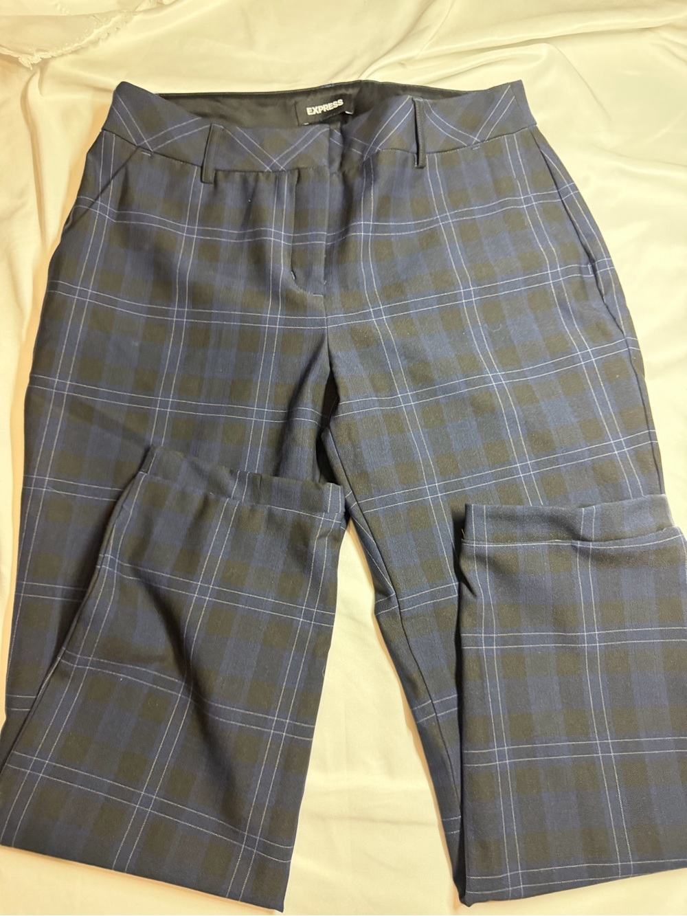 Express Women's Blue Plaid Straight Leg Trousers